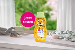 HiPP Tieredition 2-in-1 Shampoo & Dusche mit Löwenmotiv neben dem Hinweis „Jetzt testen“