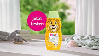 HiPP 2in1 Shampoo & Dusche der Tieredition mit Löwenmotiv und dem Hinweis „Jetzt testen“