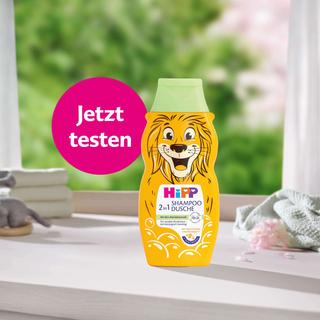 HiPP 2in1 Shampoo & Dusche der Tieredition mit Löwenmotiv und dem Hinweis „Jetzt testen“