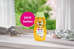 HiPP Tieredition 2-in-1 Shampoo & Dusche mit Löwenmotiv neben dem Hinweis „Jetzt testen“