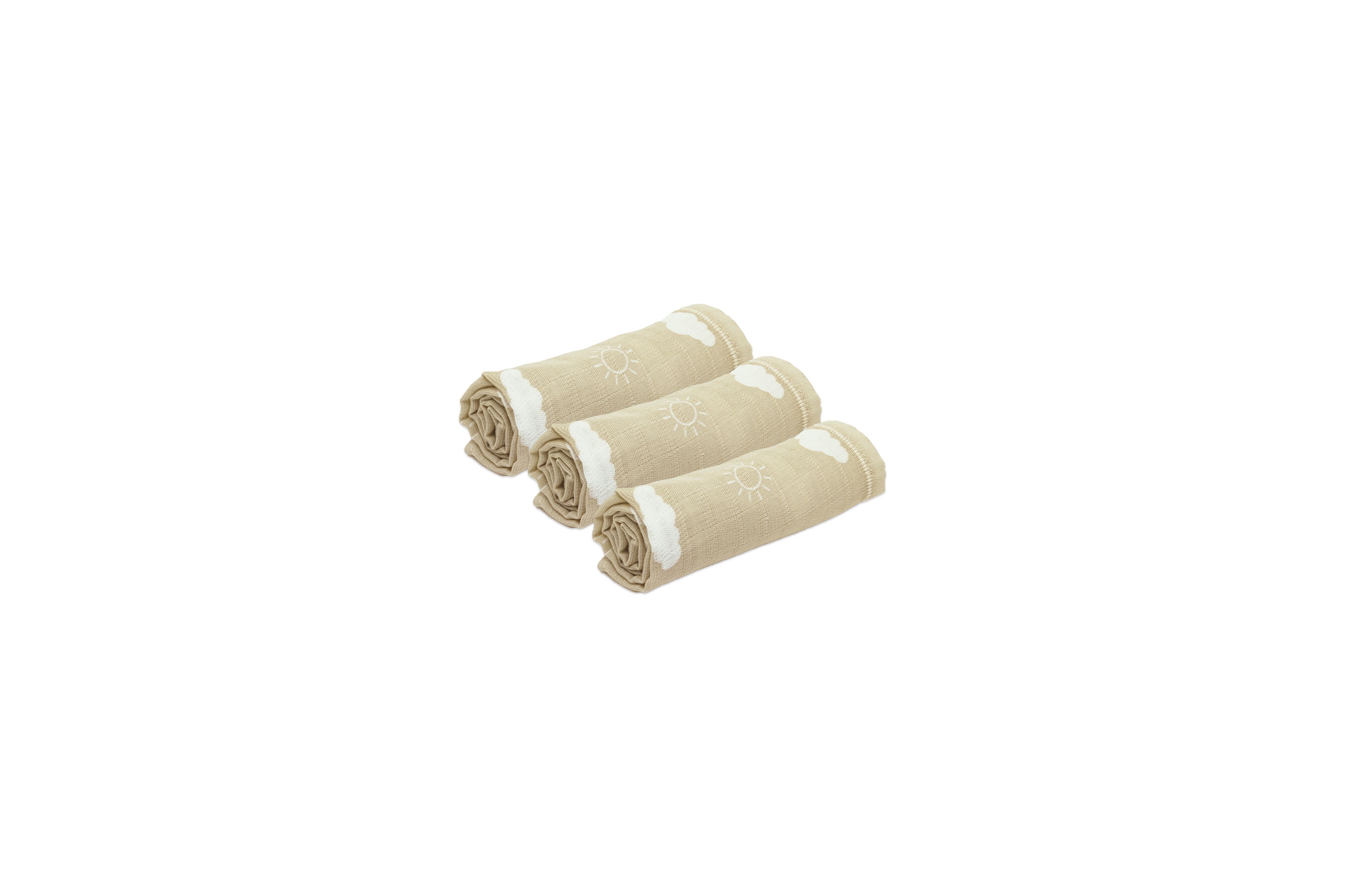 3 beige, gerollte Baby-Tücher aus 100 % Bio-Baumwolle (50x50 cm) mit eingewebtem Sonnenmotiv, nebeneinander liegend