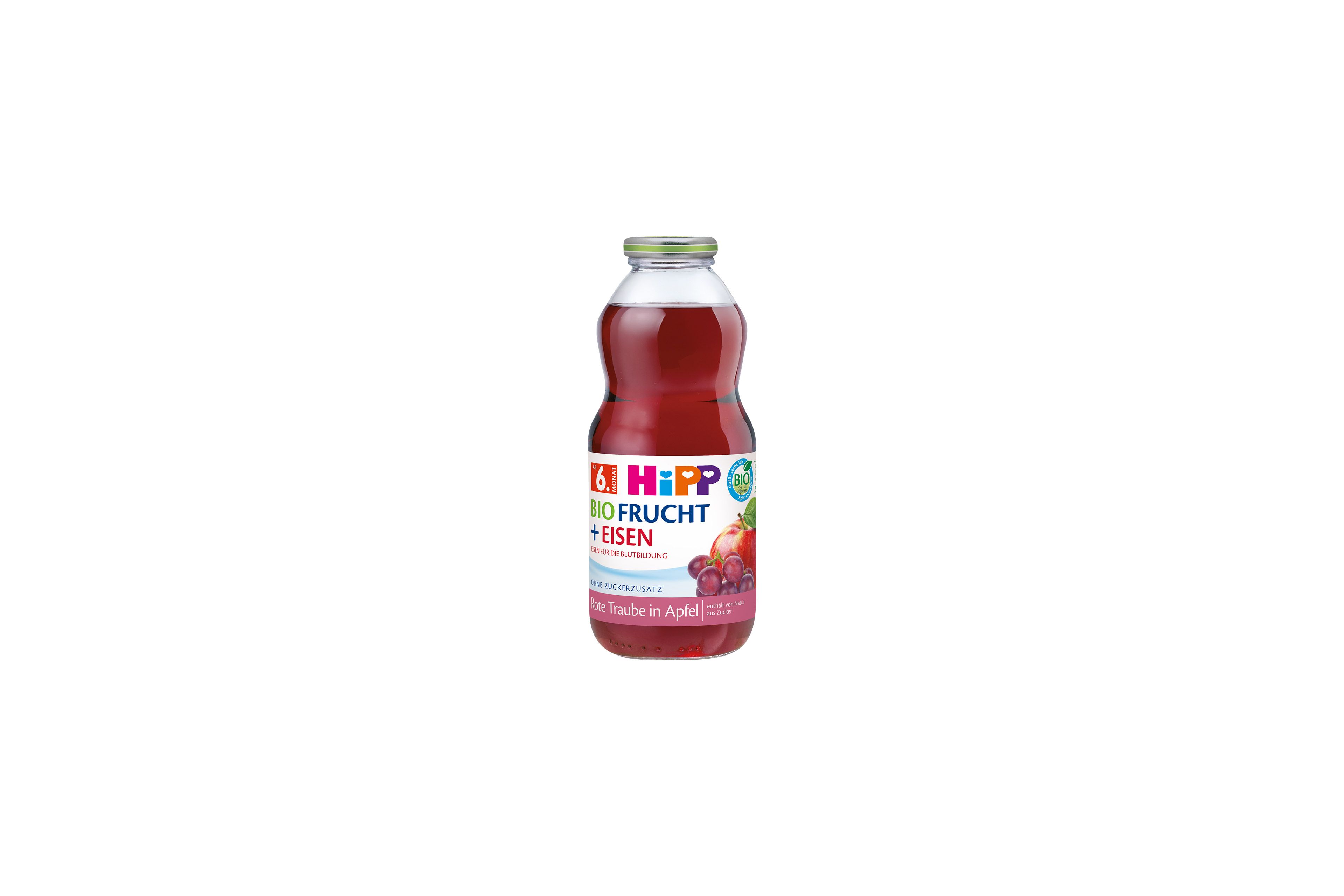 HiPP Bio Frucht + Eisen Saftflasche Rote Traube in Apfel für Babys ab 6. Monat vor schwarzem Hintergrund