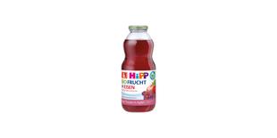 HiPP Bio Frucht + Eisen Saftflasche Rote Traube in Apfel für Babys ab 6. Monat vor schwarzem Hintergrund