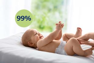 Lachendes Baby in Windel liegt auf dem Wickeltisch, ein Elternteil berührt sanft die Beine, daneben ein grüner Kreis mit „99 %“.