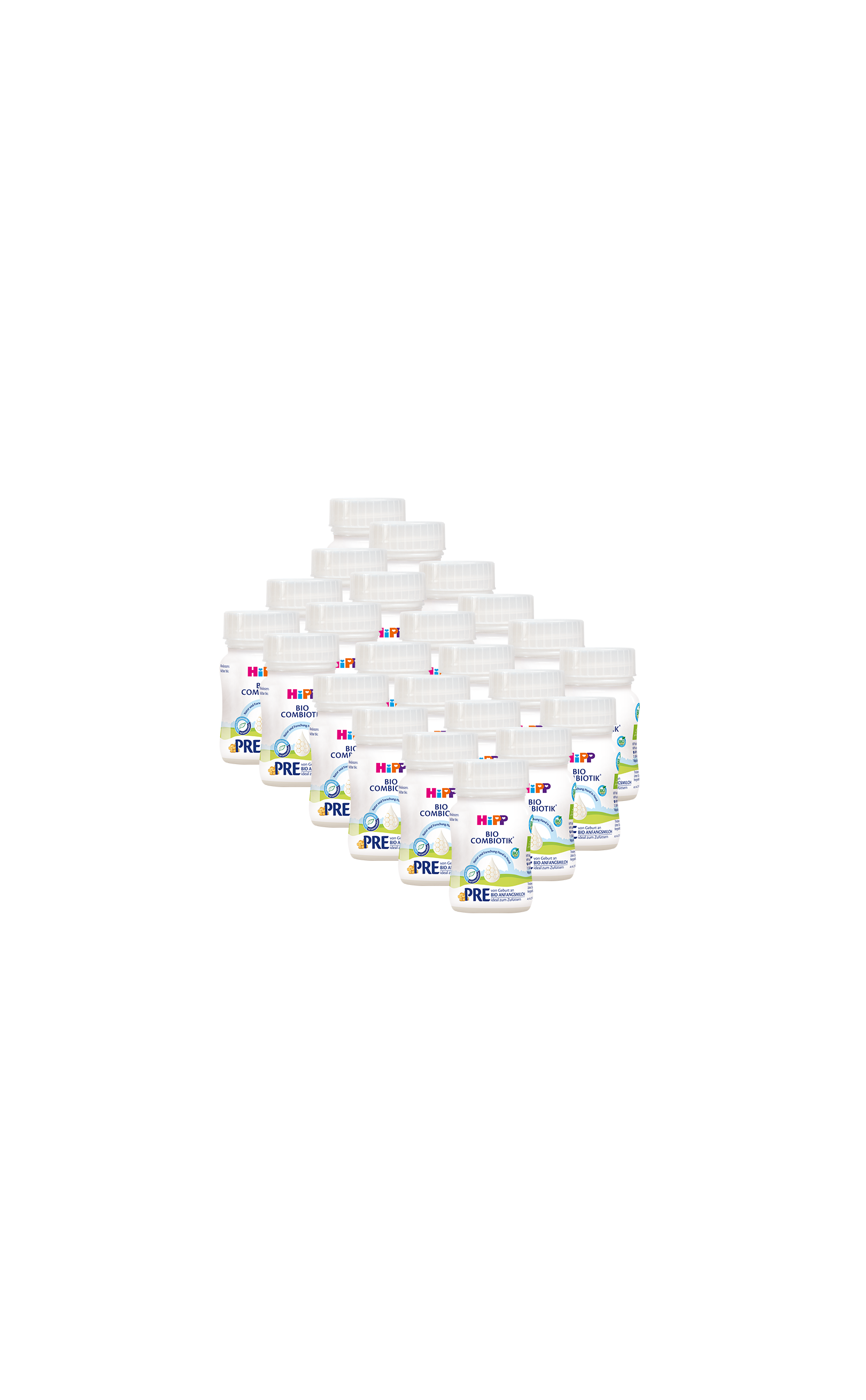 24 Fläschchen HiPP Pre Bio Combiotik trinkfertige Säuglingsmilch à 90 ml vor schwarzem Hintergrund angeordnet