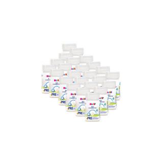 24 Fläschchen HiPP Pre Bio Combiotik trinkfertige Säuglingsmilch à 90 ml vor schwarzem Hintergrund angeordnet