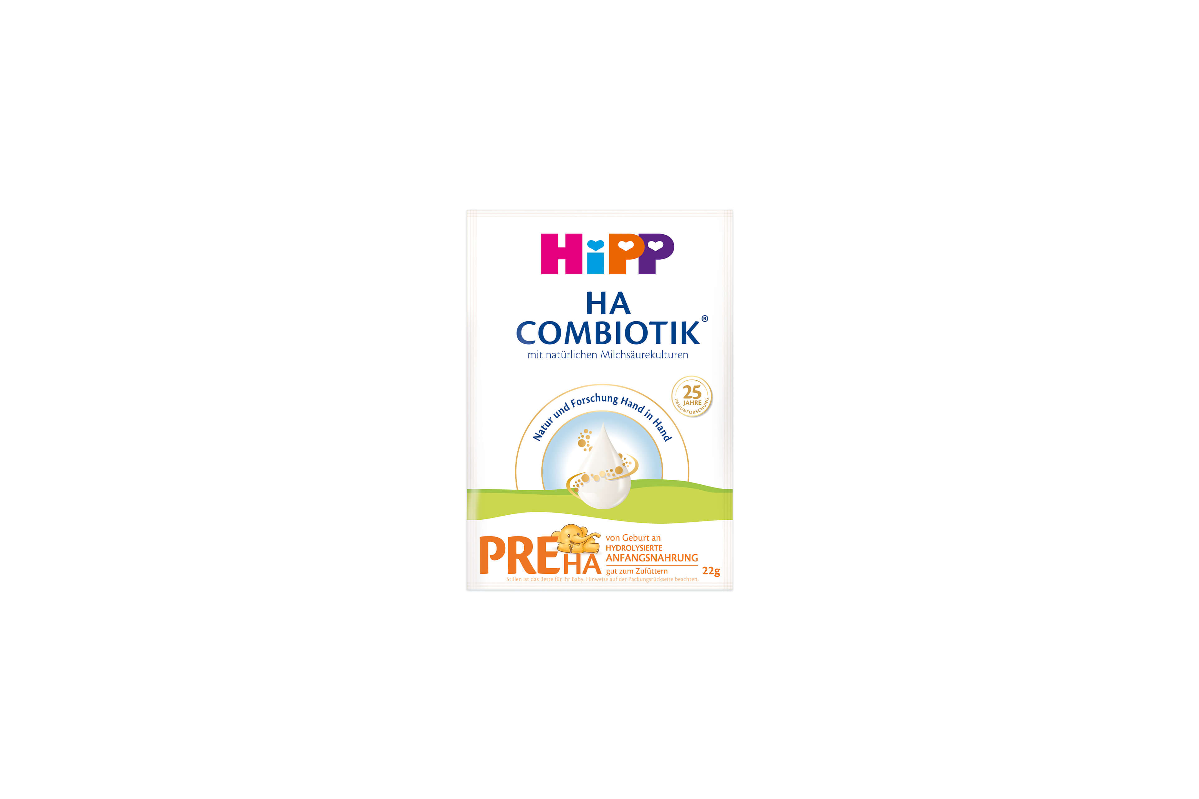 HiPP PRE HA Combiotik Portionsbeutel 22g, hypoallergene Anfangsnahrung im weißen Beutel mit grünem Design und Babybär