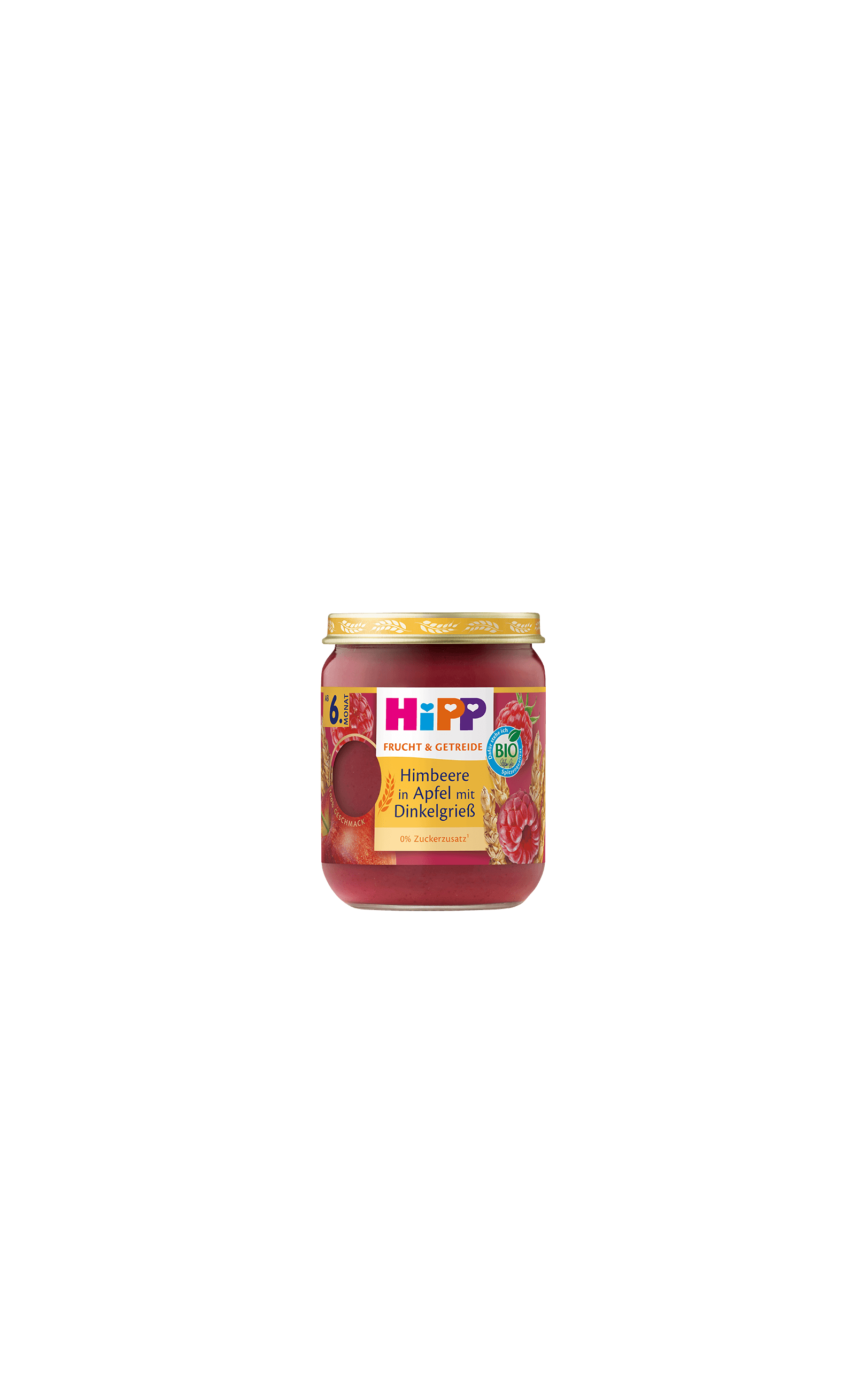 HiPP Bio-Gläschen „Himbeere in Apfel mit Dinkelgrieß“ ab 6. Monat, Frucht-Getreide-Brei ohne Zuckerzusatz