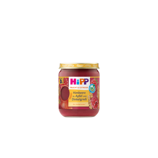 HiPP Bio-Gläschen „Himbeere in Apfel mit Dinkelgrieß“ ab 6. Monat, Frucht-Getreide-Brei ohne Zuckerzusatz