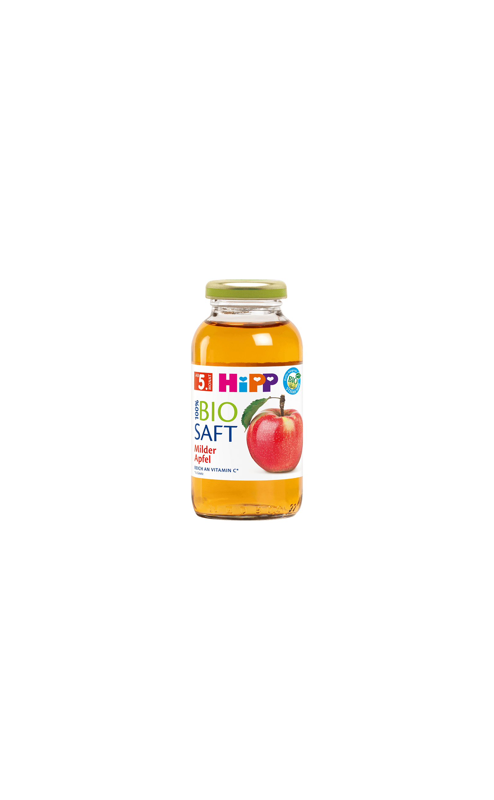 HiPP 100% Bio-Saft Milder Apfel in Glasflasche mit Apfelmotiv auf weißem Hintergrund