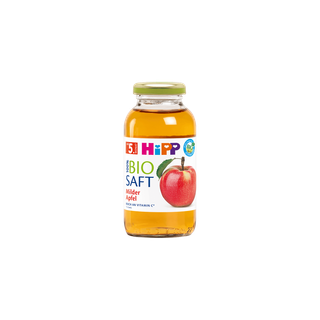 HiPP 100% Bio-Saft Milder Apfel in Glasflasche mit Apfelmotiv auf weißem Hintergrund