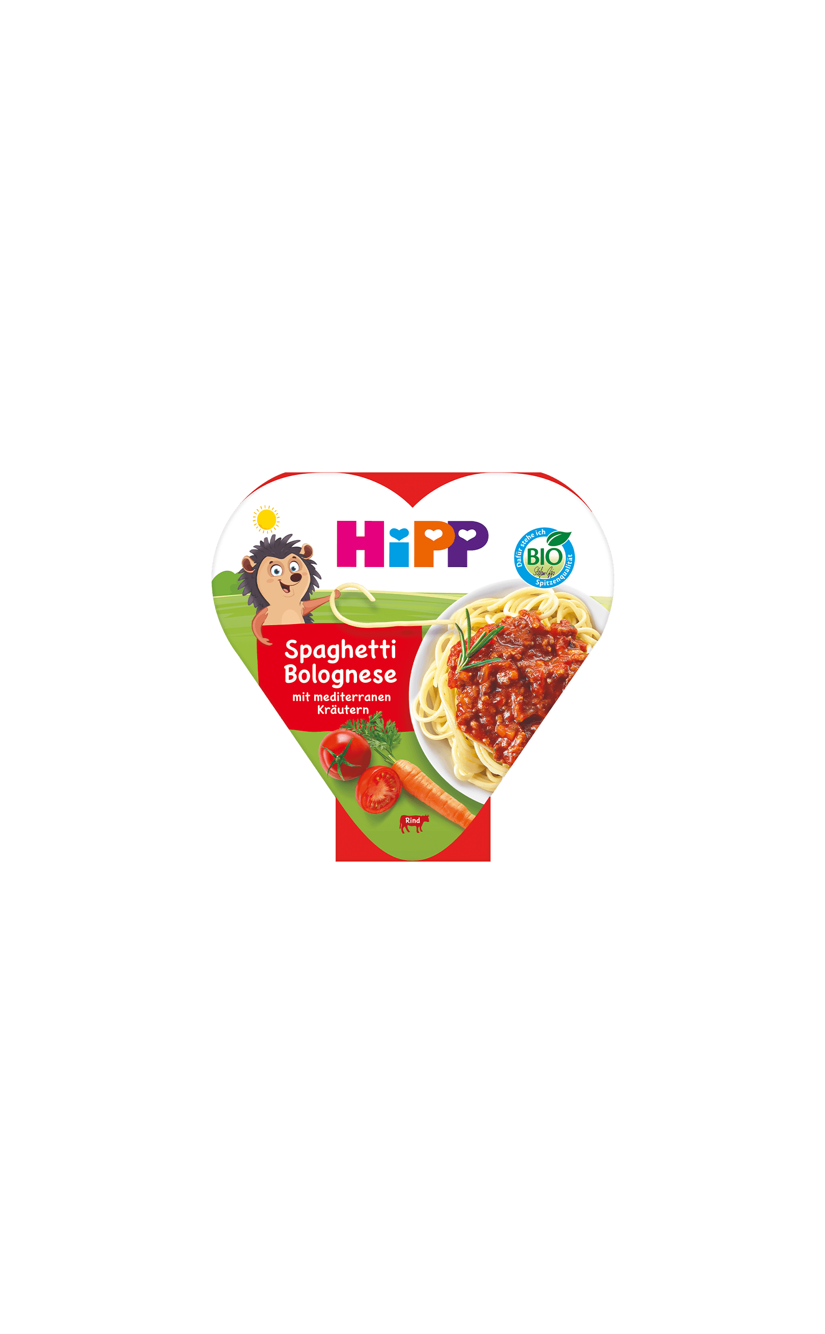 HiPP Bio Herzchen-Schale Spaghetti Bolognese mit mediterranen Kräutern für Kinder, Packung mit Tellerabbildung und Gemüse