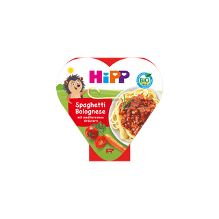 HiPP Bio Herzchen-Schale Spaghetti Bolognese mit mediterranen Kräutern für Kinder, Packung mit Tellerabbildung und Gemüse