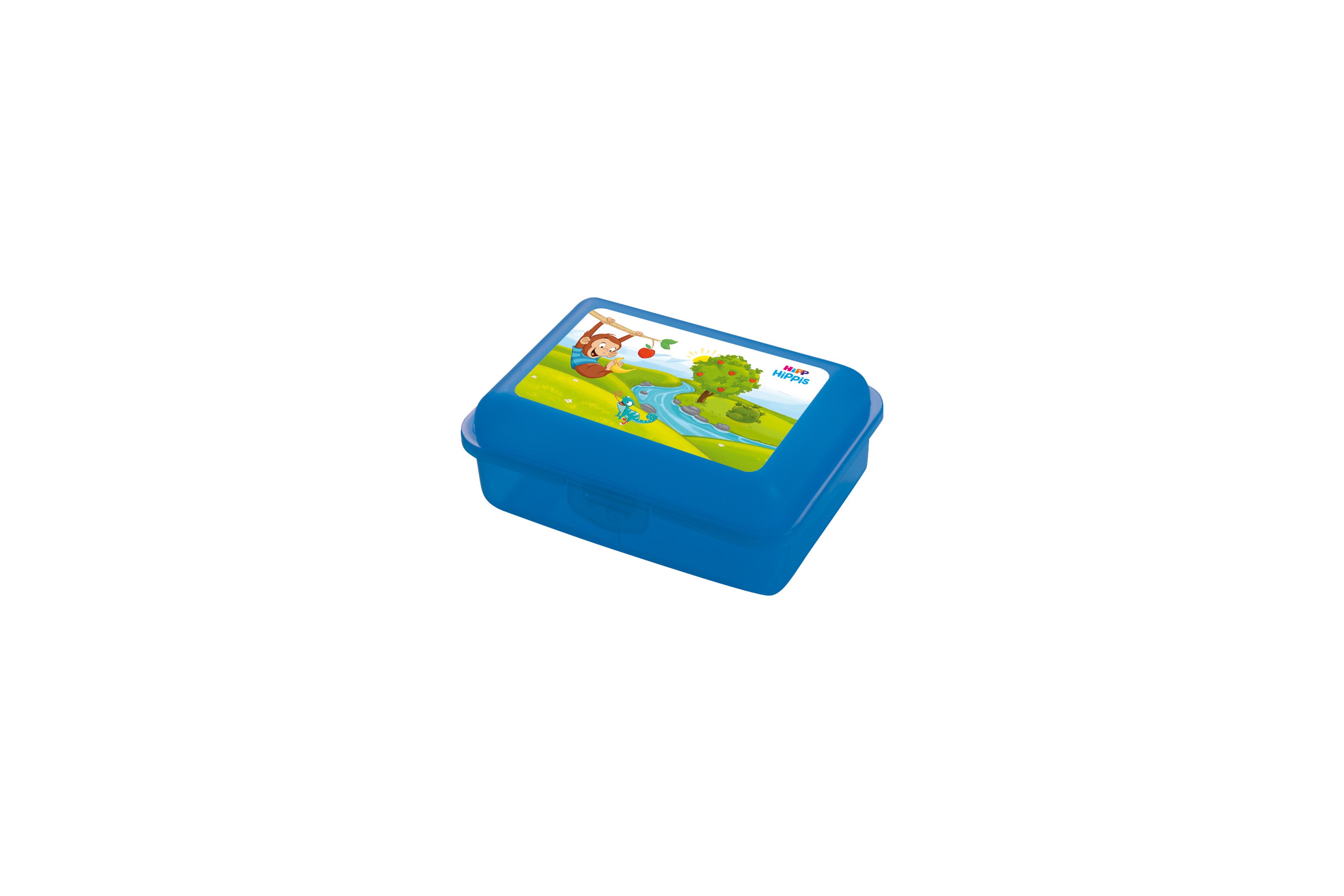 Blaue HiPPis Snackbox mit buntem Affen- und Naturmotiv auf dem Deckel