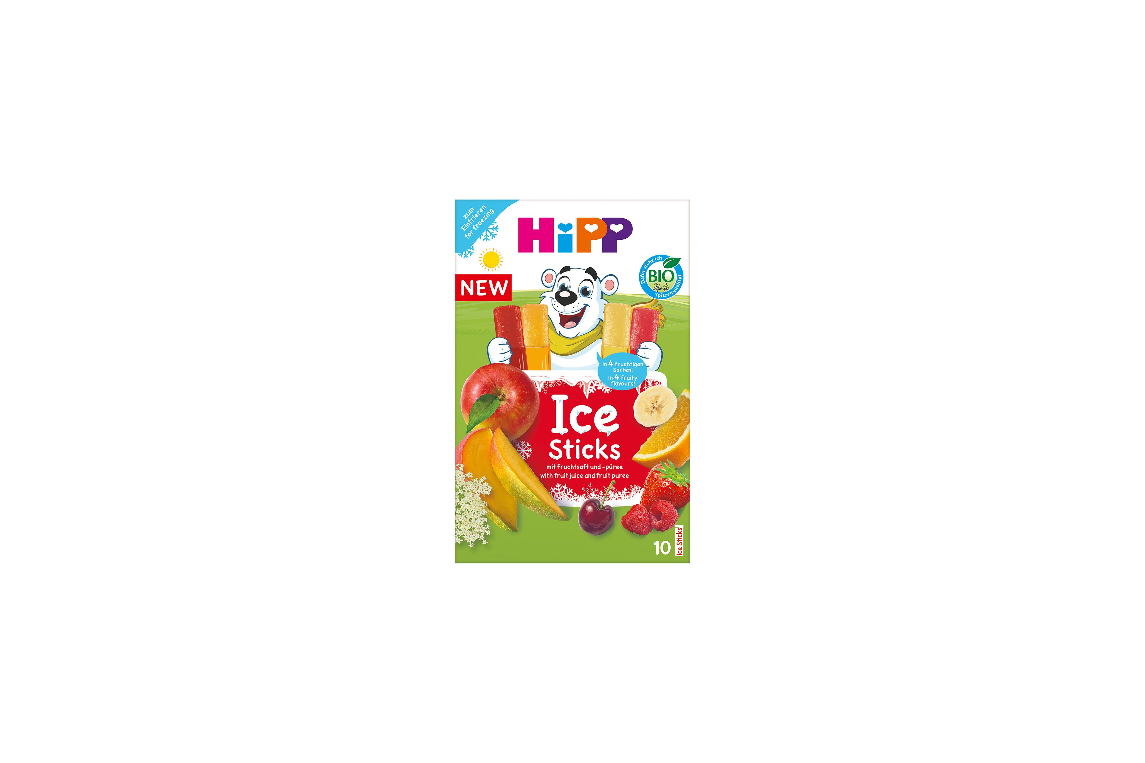 HiPP Ice Sticks Bio-Packung mit Eisbär-Maskottchen und bunten Fruchteis-Sticks in verschiedenen Obstsorten