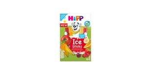 HiPP Ice Sticks Bio-Packung mit Eisbär-Maskottchen und bunten Fruchteis-Sticks in verschiedenen Obstsorten