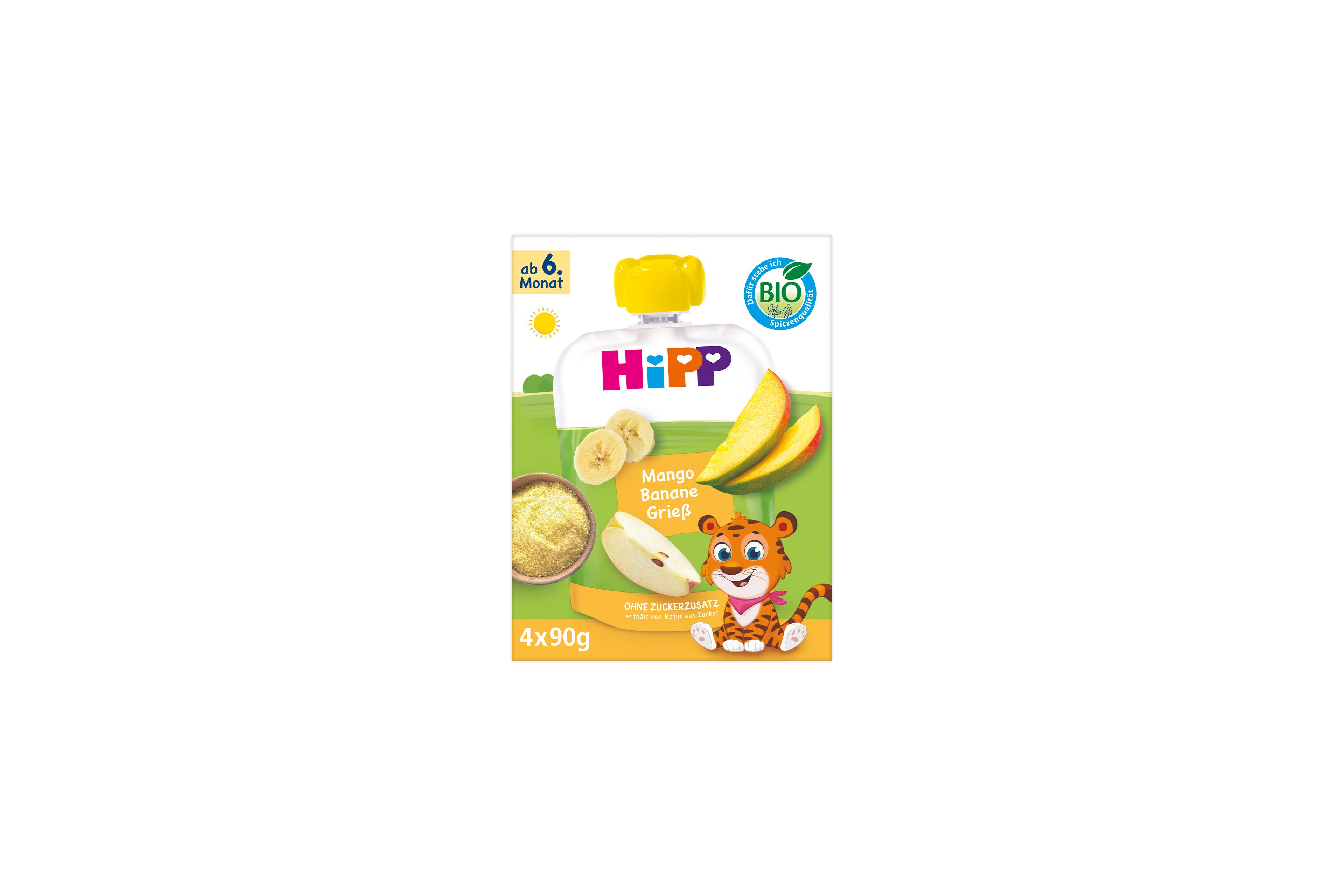 HiPP Bio Baby-Fruchtporridge Mango Banane Grieß im Quetschbeutel, 4x90g Packung ab 6. Monat mit Tiger-Motiv
