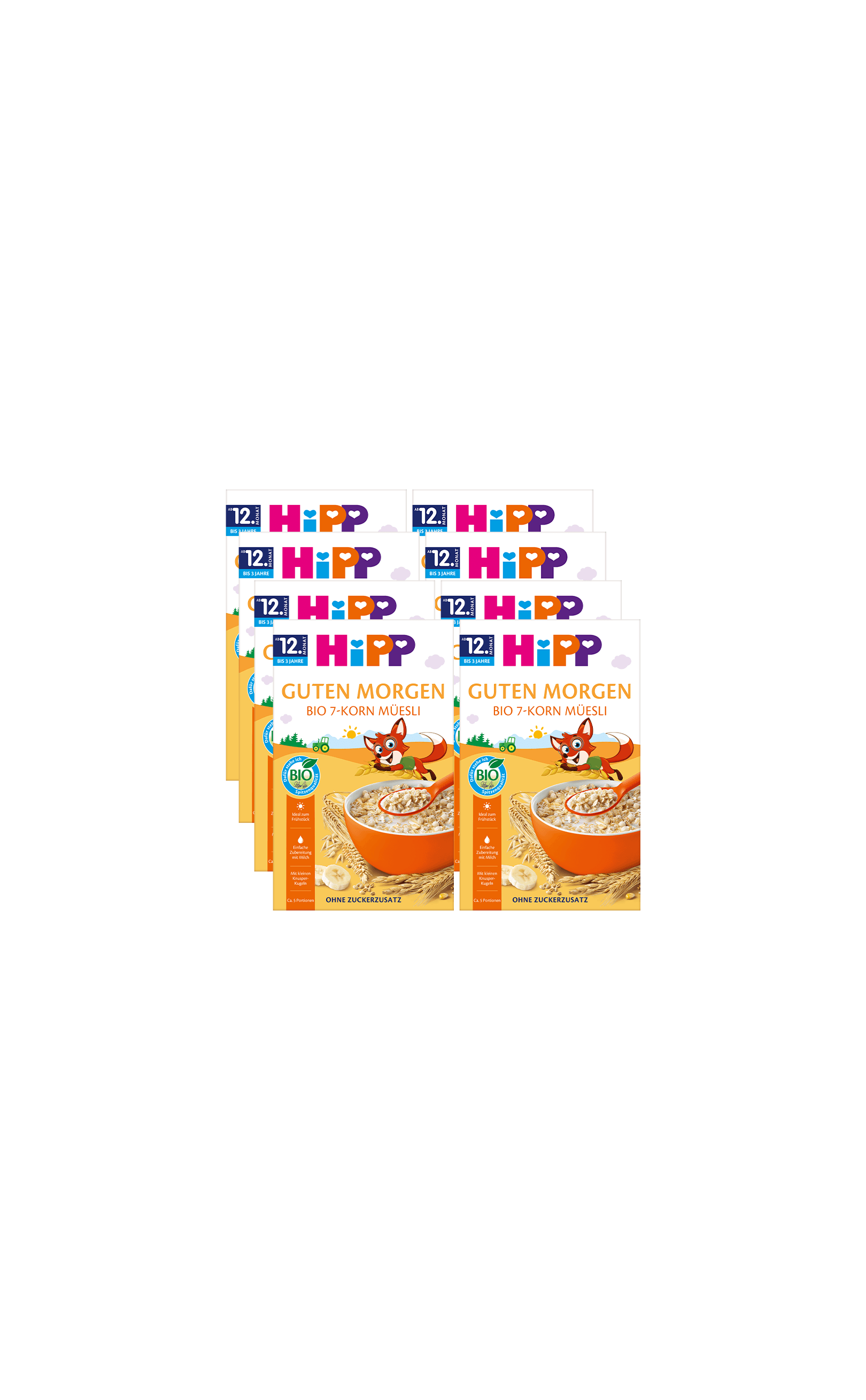 8er-Pack HiPP Guten Morgen Bio 7-Korn Müsli ab 12 Monaten, Vorderseite der Verpackungen auf schwarzem Hintergrund