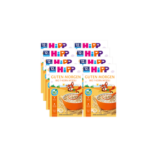 8er-Pack HiPP Guten Morgen Bio 7-Korn Müsli ab 12 Monaten, Vorderseite der Verpackungen auf schwarzem Hintergrund