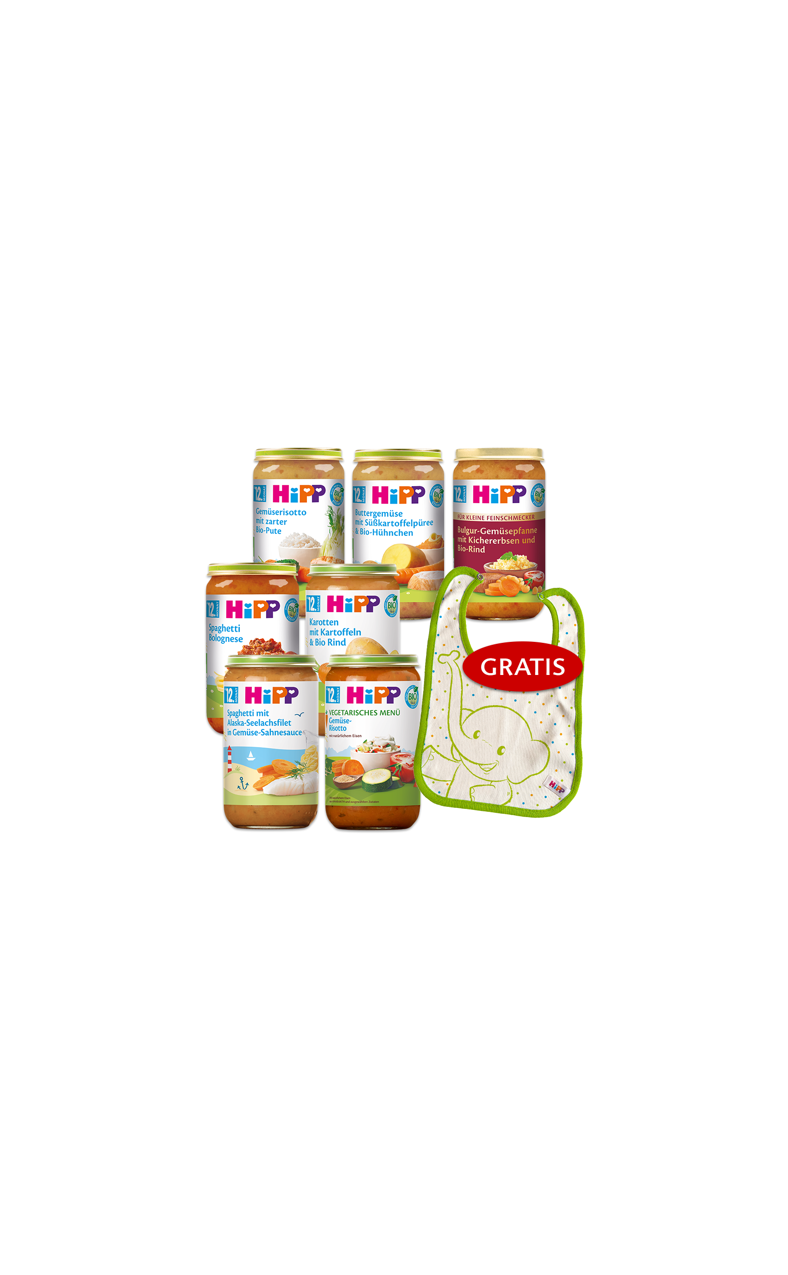 Mehrere HiPP Bio-Babygläschen ab 12 Monaten im Set mit gratis Lätzchen für einfache, ausgewogene Beikostmahlzeiten
