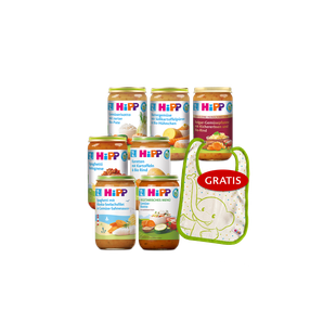 Mehrere HiPP Bio-Babygläschen ab 12 Monaten im Set mit gratis Lätzchen für einfache, ausgewogene Beikostmahlzeiten