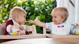 Zwei Kleinkinder, von denen das eine das andere mit einem Löffel füttert, tragen beide Lätzchen mit dem Aufdruck "HIPP".
