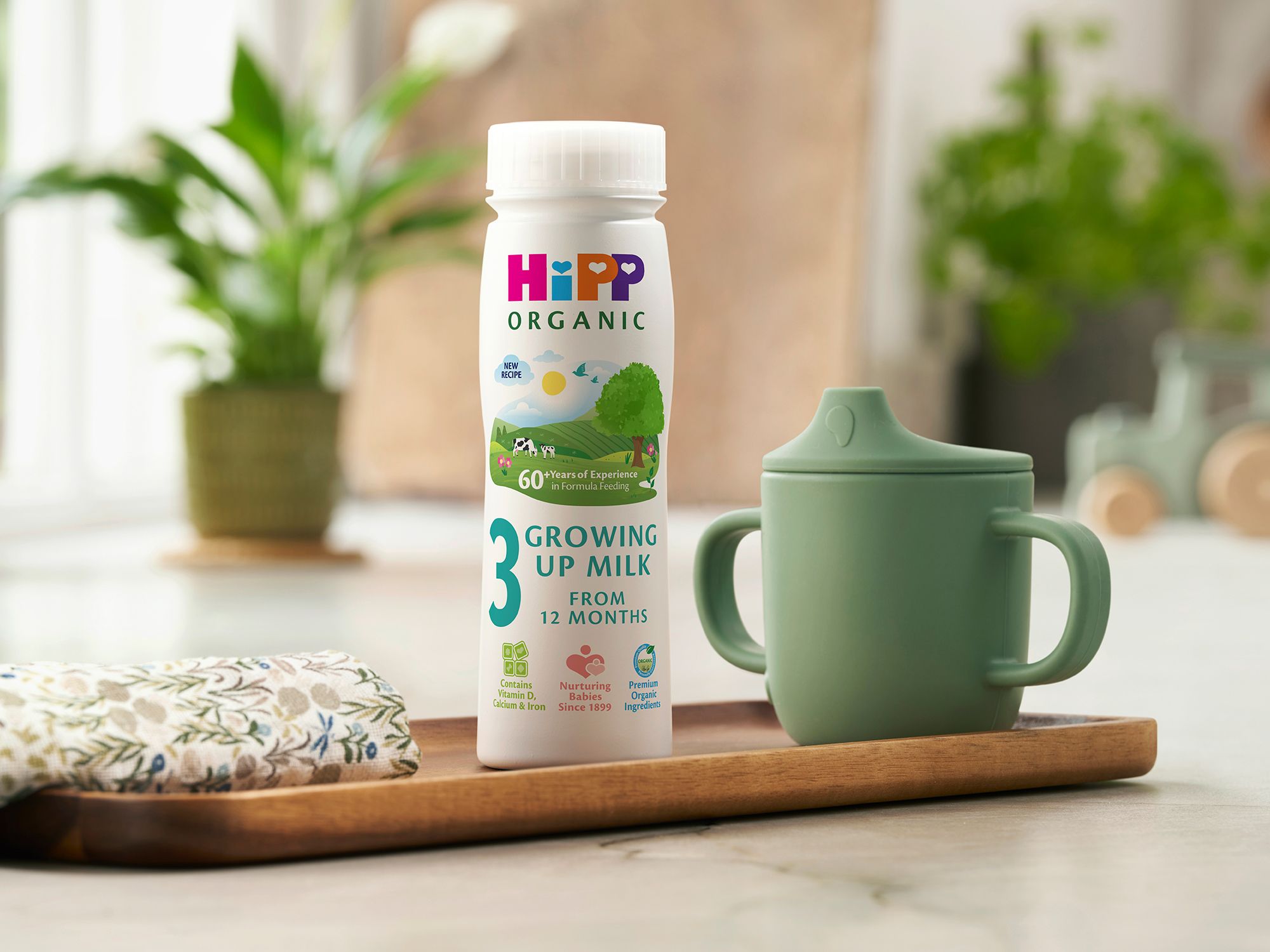 HiPP Organic Growing Up Milk ready-to-feed bottle on a kitchen tray beside a green toddler beaker