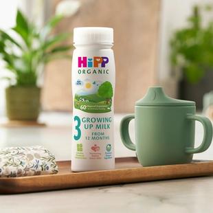 HiPP Organic Growing Up Milk ready-to-feed bottle on a kitchen tray beside a green toddler beaker