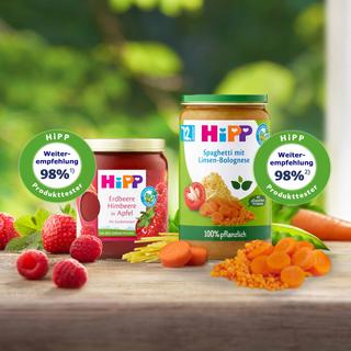 HiPP Premium Früchte und 100% pflanzliche Beikostgläschen mit Erdbeeren, Himbeeren, Linsen-Bolognese und 98 % Weiterempfehlungssiegel.