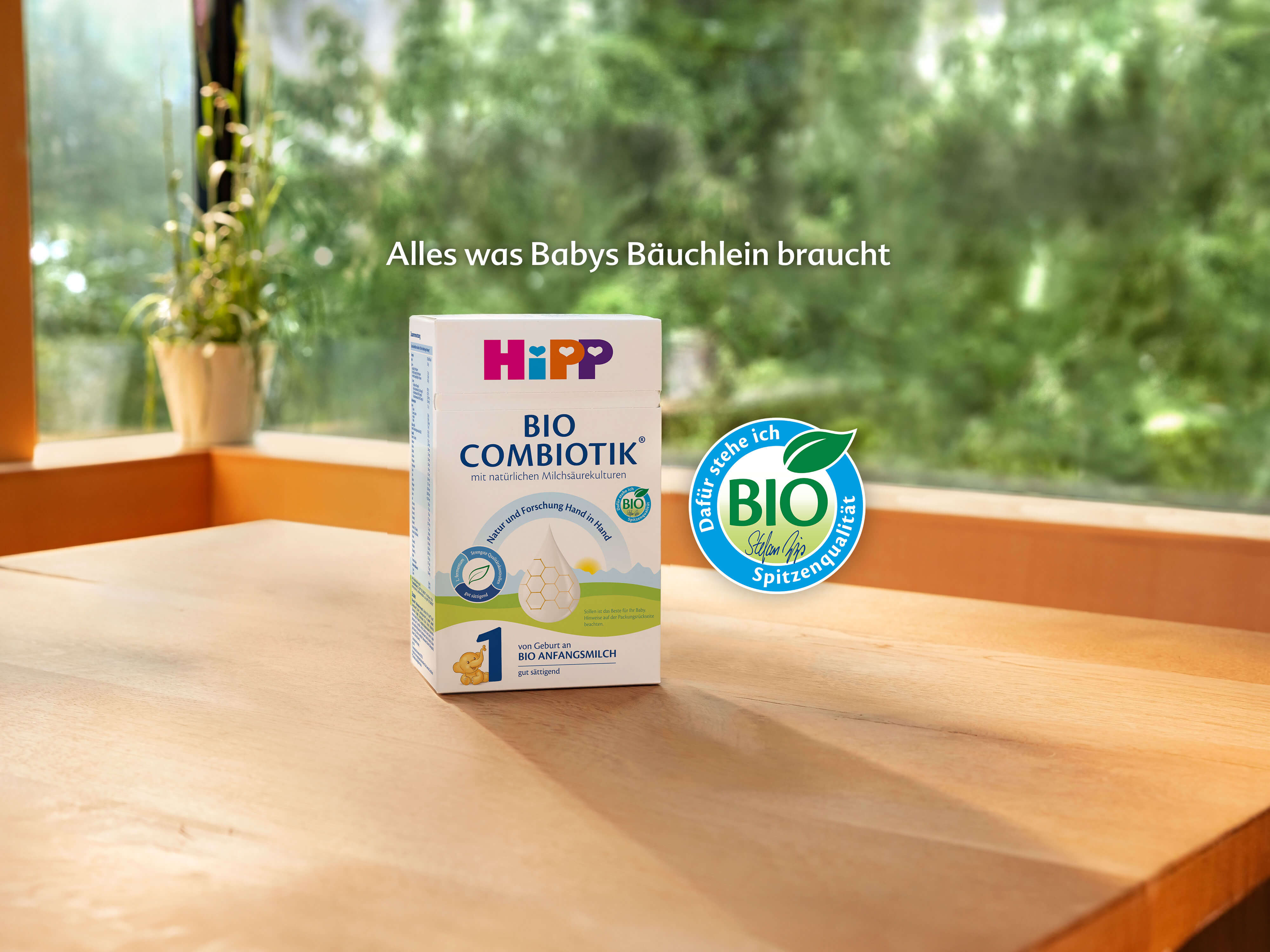 Packung HiPP Bio Combiotik 1 Babynahrung steht auf einem Holztisch vor einem Fenster mit Pflanzen im Hintergrund