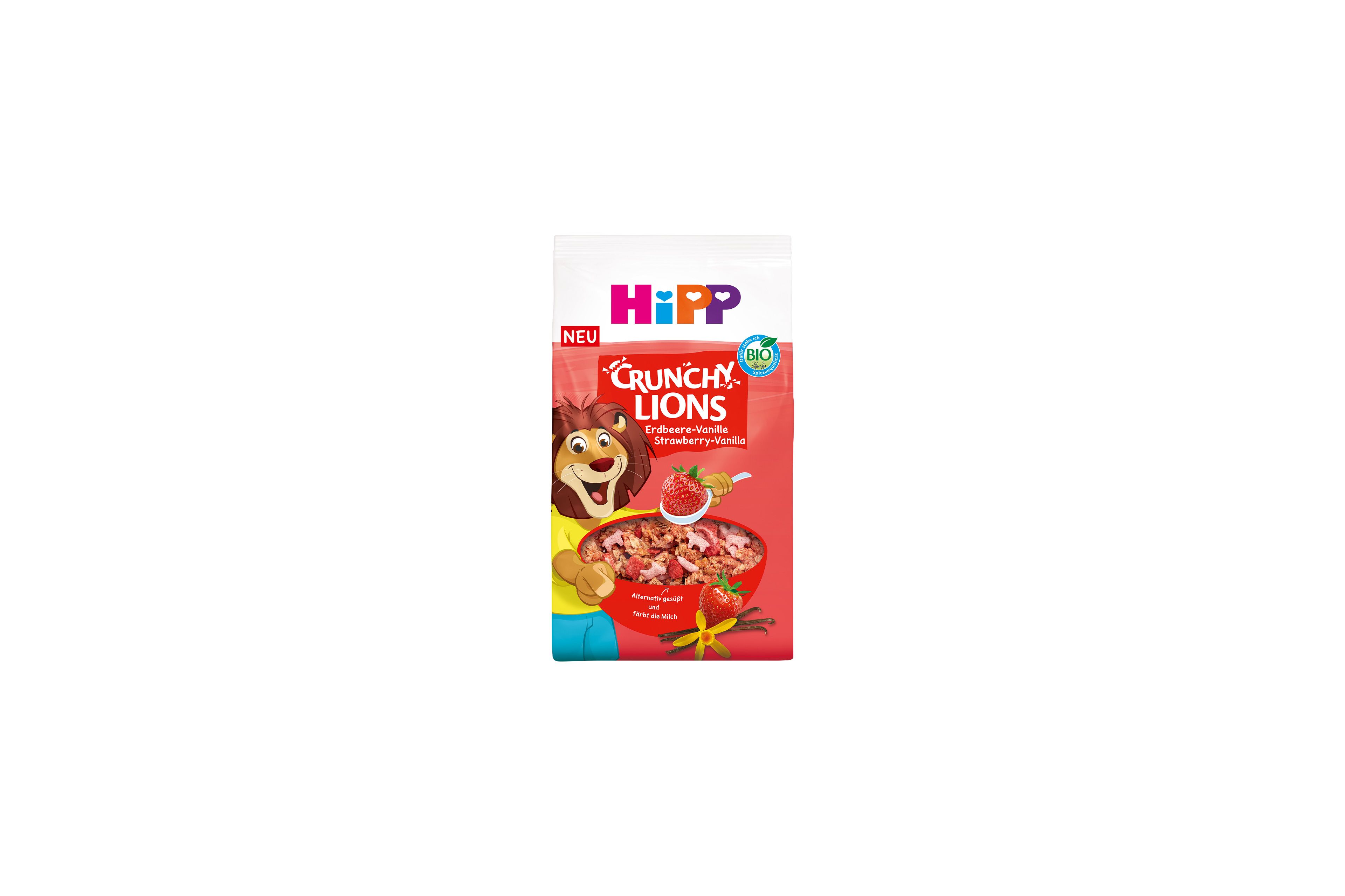 HiPP Crunchy Lions Erdbeere-Vanille Bio-Kinder-Müsli-Packung mit roter Schale und fröhlichem Löwenmaskottchen