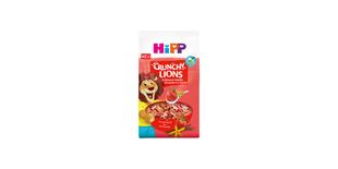 HiPP Crunchy Lions Erdbeere-Vanille Bio-Kinder-Müsli-Packung mit roter Schale und fröhlichem Löwenmaskottchen