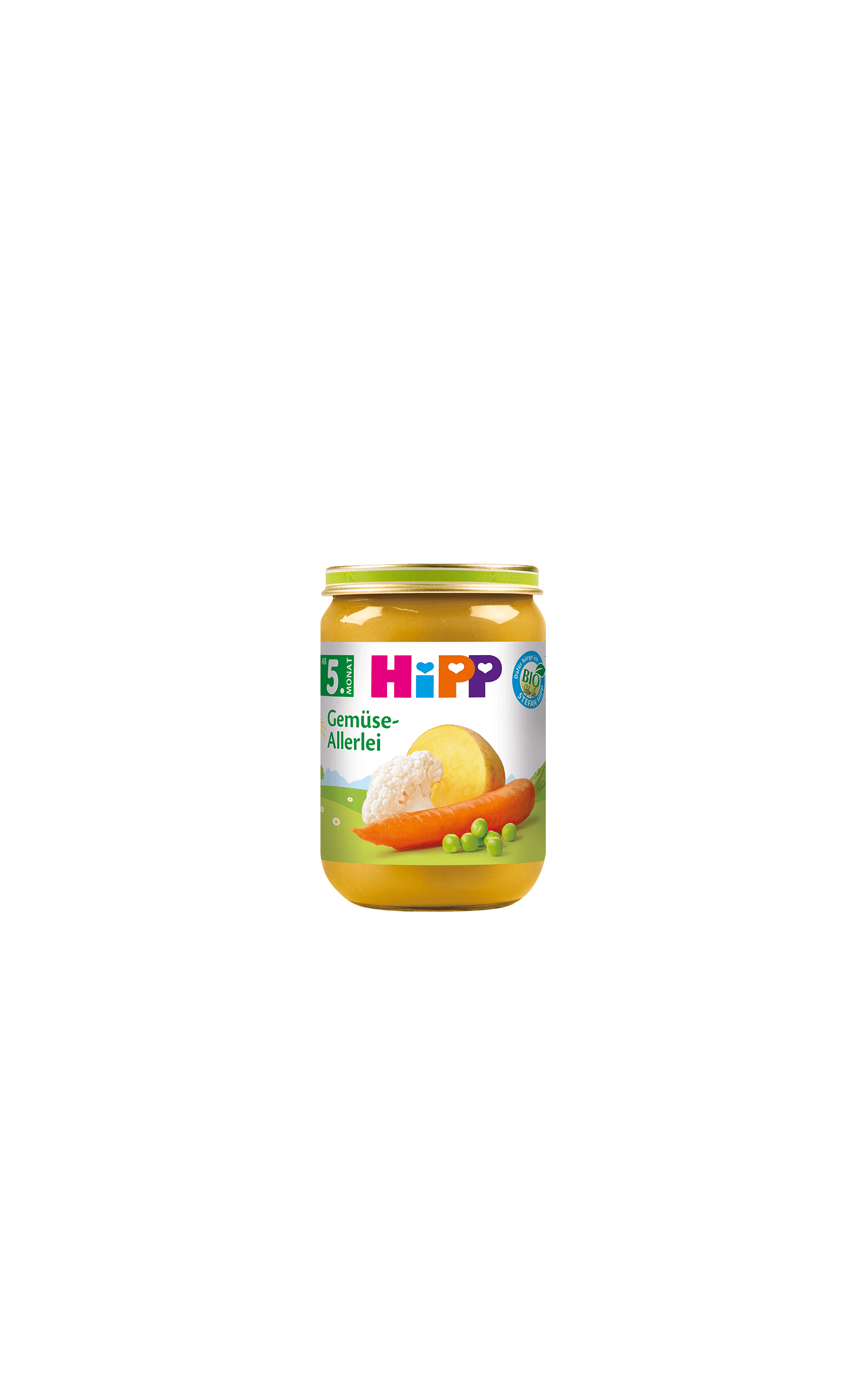 HiPP Gemüse-Allerlei Bio-Gemüsebrei im Glas für Babys ab dem 5. Monat, mit Karotte, Kartoffel, Erbsen und Reis auf dem Etikett