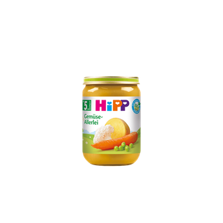 HiPP Gemüse-Allerlei Bio-Gemüsebrei im Glas für Babys ab dem 5. Monat, mit Karotte, Kartoffel, Erbsen und Reis auf dem Etikett