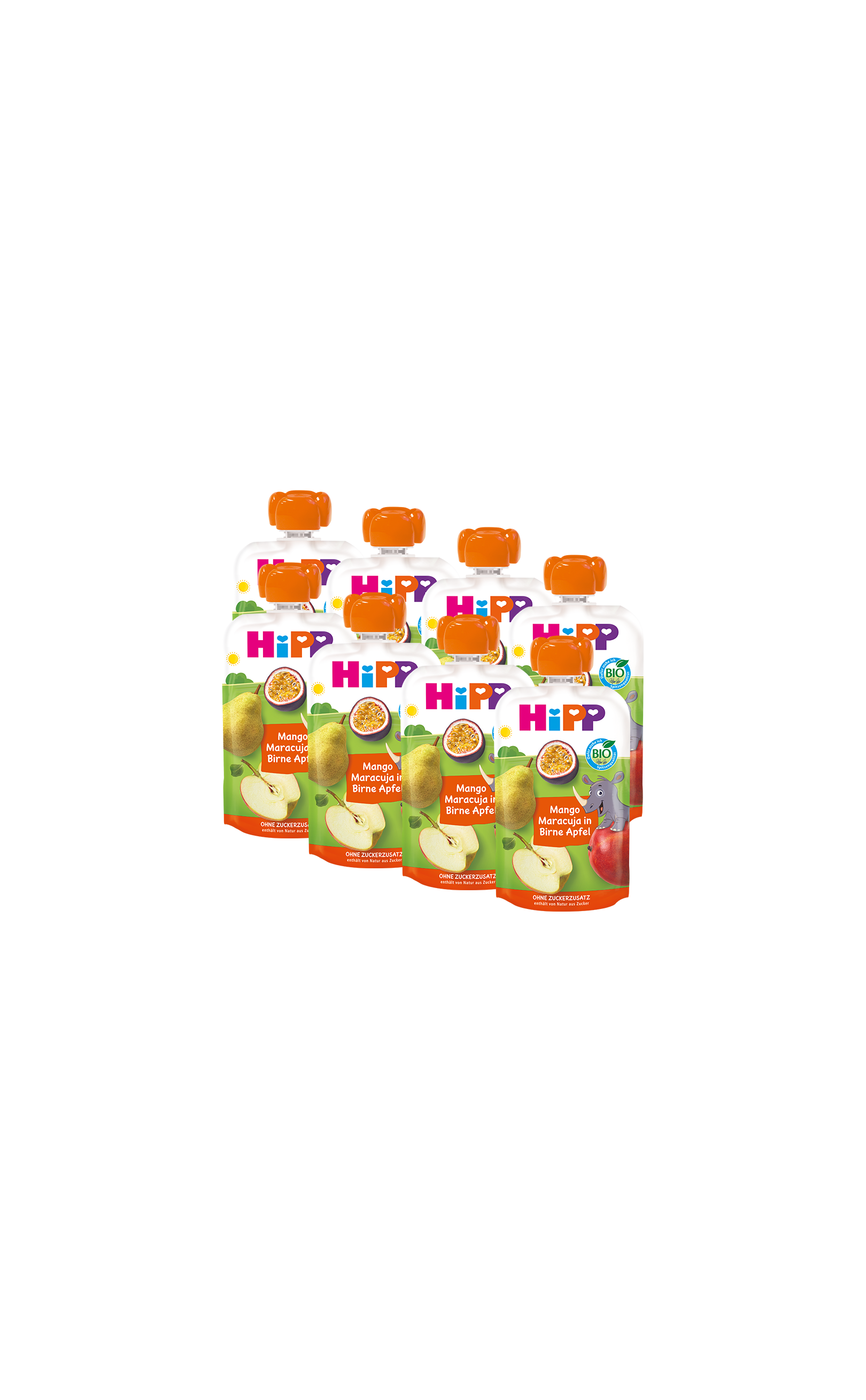 8er-Pack HiPP Bio-Quetschbeutel Mango Maracuja Birne Apfel à 100 g, fruchtiger Snack für unterwegs