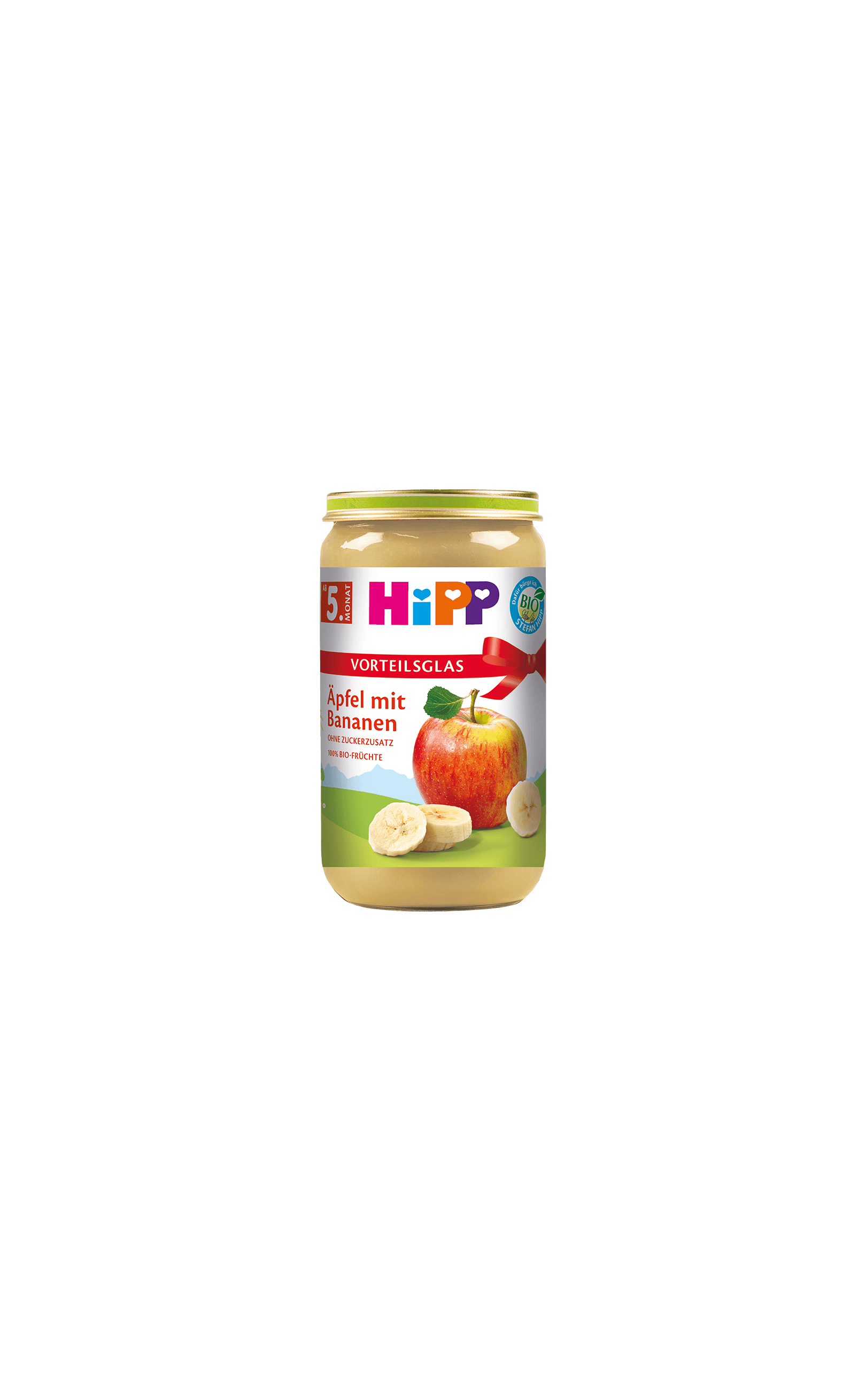 HiPP Bio Fruchtpüree Äpfel mit Bananen 250g im Vorteils-Glas mit Apfel- und Bananenmotiv auf weißem Hintergrund