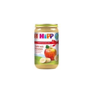 HiPP Bio Fruchtpüree Äpfel mit Bananen 250g im Vorteils-Glas mit Apfel- und Bananenmotiv auf weißem Hintergrund