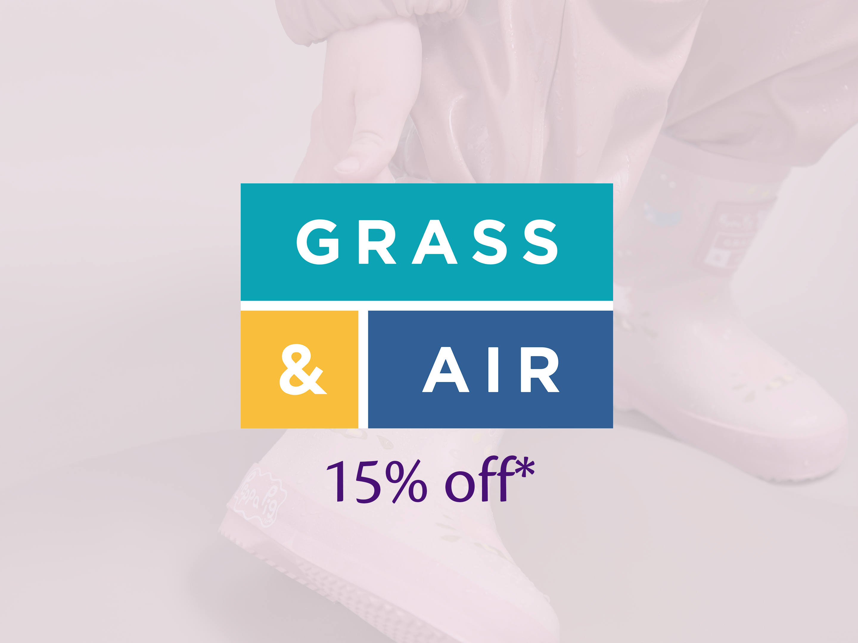 Grass & Air logo in teal, yellow and blue blocks with text offering 15% off over a soft image of a child in waterproofs