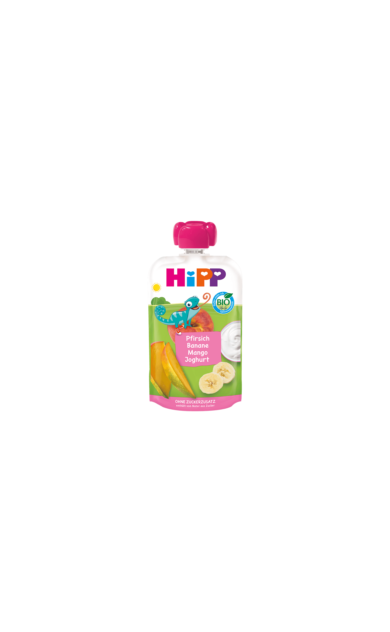 HiPP Bio-Quetschbeutel Pfirsich Banane Mango mit Joghurt für Kinder ab 1 Jahr, bunter Beutel mit Frucht- und Joghurtmotiv
