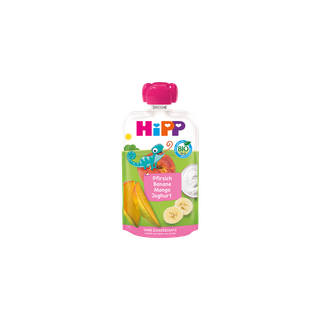 HiPP Bio-Quetschbeutel Pfirsich Banane Mango mit Joghurt für Kinder ab 1 Jahr, bunter Beutel mit Frucht- und Joghurtmotiv