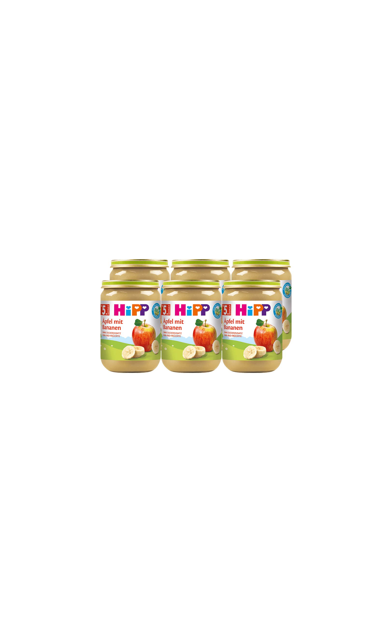 Sechserpack HiPP Bio-Babygläschen Apfel mit Banane à 190 g vor schwarzem Hintergrund