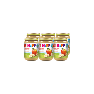 Sechserpack HiPP Bio-Babygläschen Apfel mit Banane à 190 g vor schwarzem Hintergrund