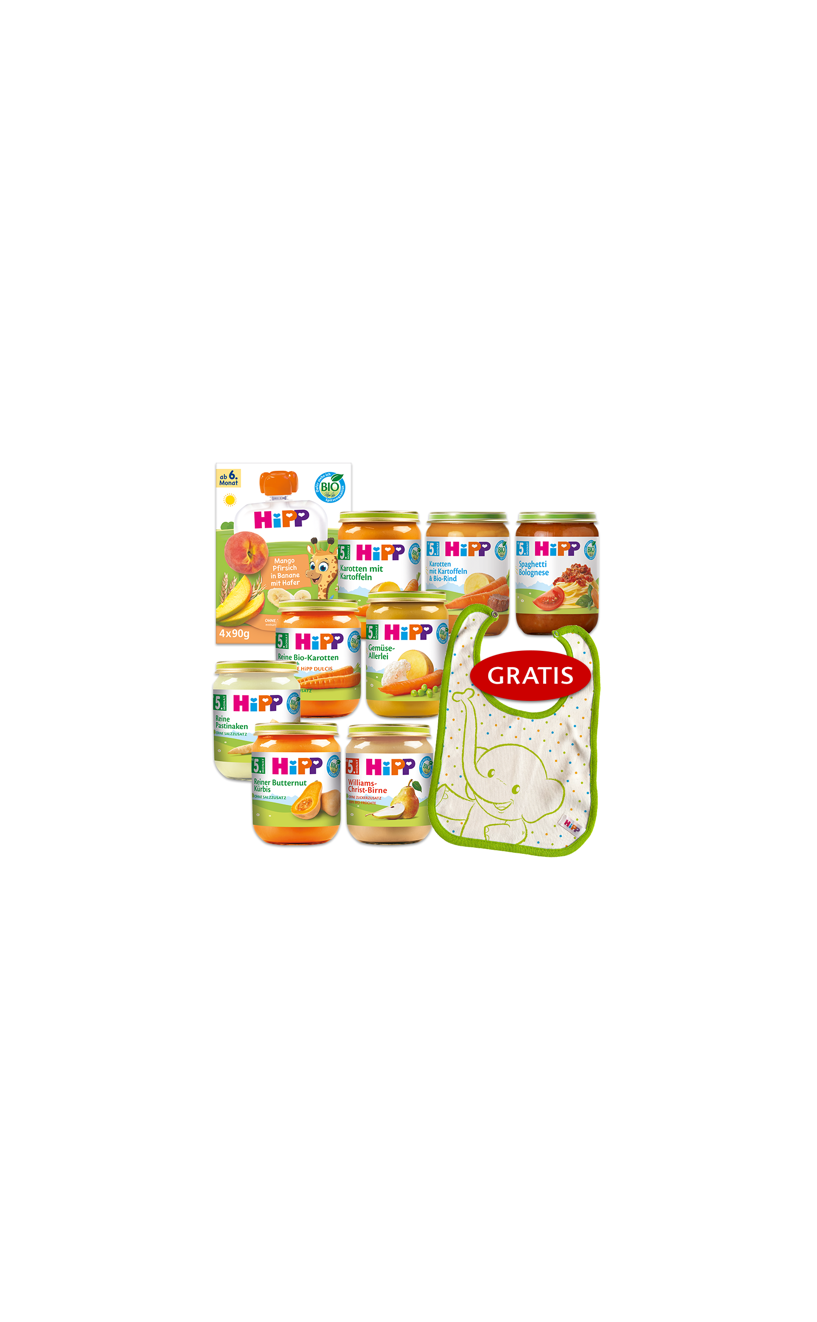 HiPP Bio Babygläschen-Set mit verschiedenen Menü- und Obstsorten plus gratis Lätzchen auf schwarzem Hintergrund