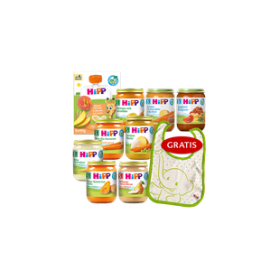 HiPP Bio Babygläschen-Set mit verschiedenen Menü- und Obstsorten plus gratis Lätzchen auf schwarzem Hintergrund