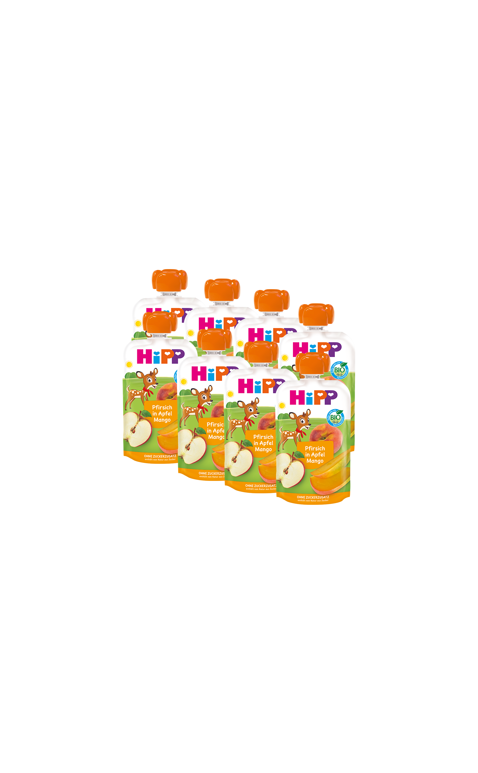 8er-Pack HiPP Bio-Quetschbeutel Pfirsich in Apfel Mango mit orangefarbenen Verschlüssen auf schwarzem Hintergrund