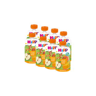 8er-Pack HiPP Bio-Quetschbeutel Pfirsich in Apfel Mango mit orangefarbenen Verschlüssen auf schwarzem Hintergrund