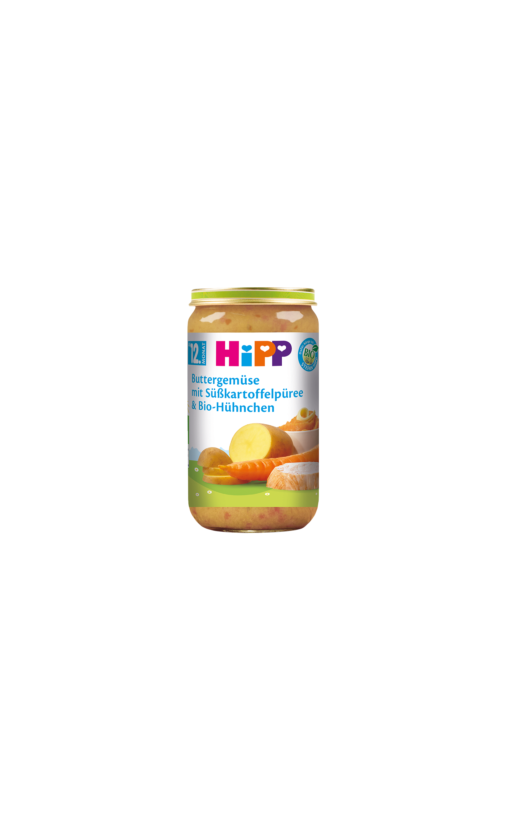 HiPP Glas Buttergemüse mit Süßkartoffelpüree und Bio-Hühnchen für Babys ab 12 Monaten auf schwarzem Hintergrund
