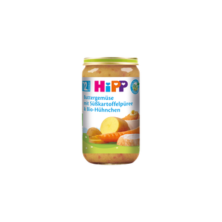 HiPP Glas Buttergemüse mit Süßkartoffelpüree und Bio-Hühnchen für Babys ab 12 Monaten auf schwarzem Hintergrund