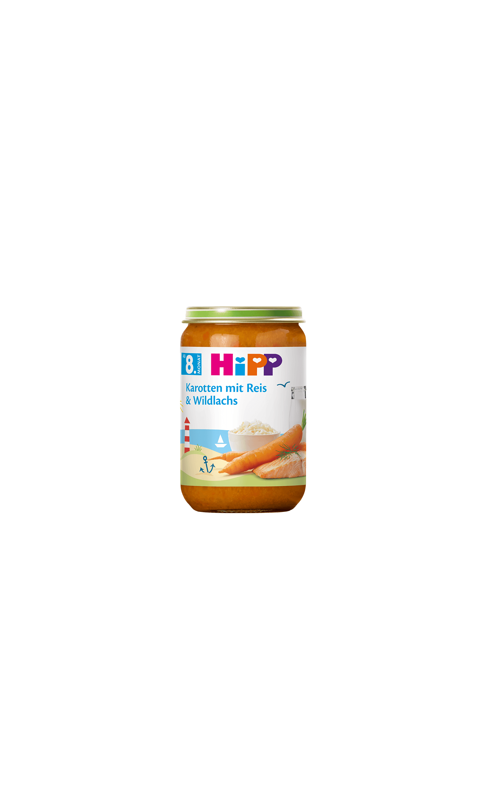 HiPP Bio Babygläschen „Karotten mit Reis & Wildlachs“ ab 8. Monat, Glas mit orangefarbener Mahlzeit vor schwarzem Hintergrund