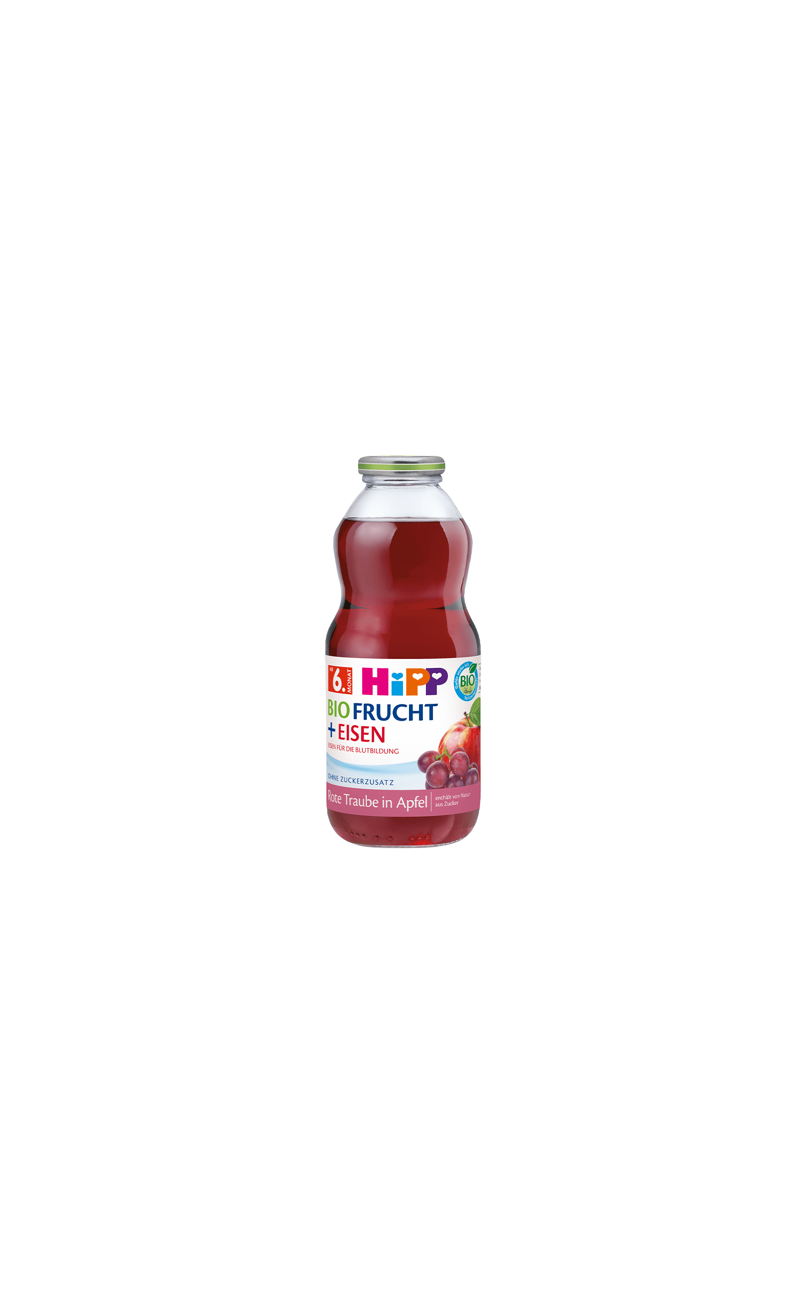 HiPP Bio Frucht + Eisen Saftflasche Rote Traube in Apfel für Babys ab 6. Monat vor schwarzem Hintergrund